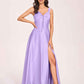 Satin V-neck A-line Prom Dresses Side slit Floor Length