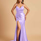 Satin Mermaid V-neck Bridesmaid Dresses Spaghetti Straps Side Slit Floor Length
