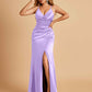 Sexy Satin Sheath Bridesmaid Dresses Spaghetti Straps V-neck Side Slit Pleats Floor Length