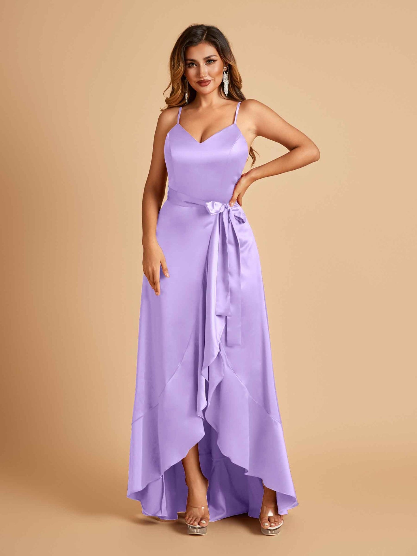 Satin Asymmetric V-neck Prom Dresses Sleeveless Side Slit A-line Unique