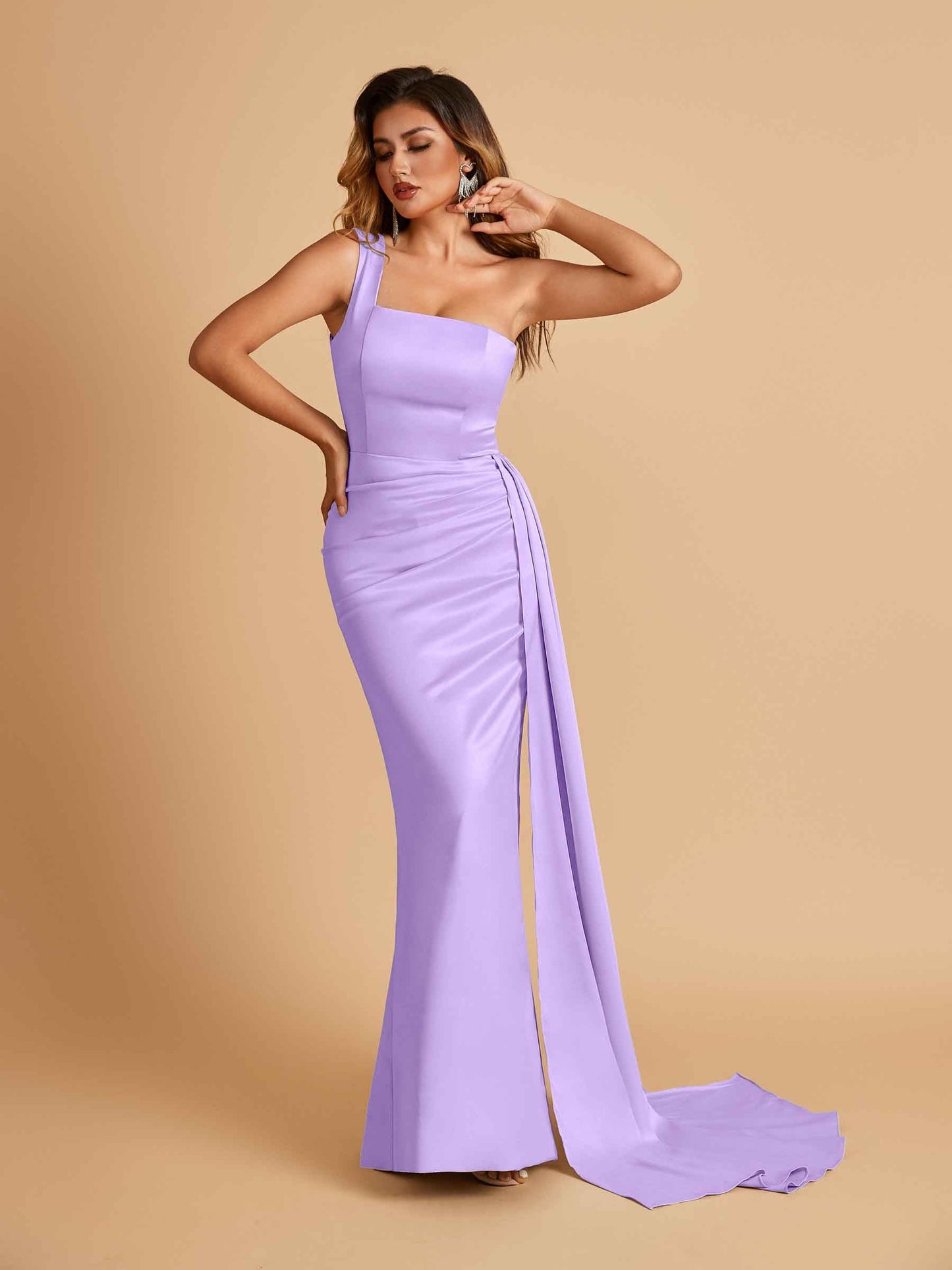 Sexy Satin One Shoulder Mermaid Prom Dresses Pleats Floor Length