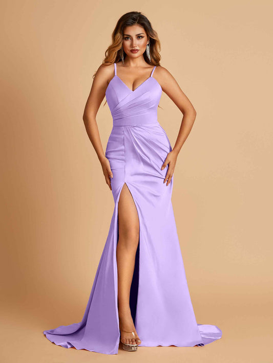 Sexy Mermaid Bridesmaid Dresses Spaghetti Straps Satin Side Slit Pleats Floor Length