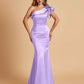 Satin One-shoulder Bridesmaid Dresses Ruffle Sleeves Mermaid Floor Length For Sale