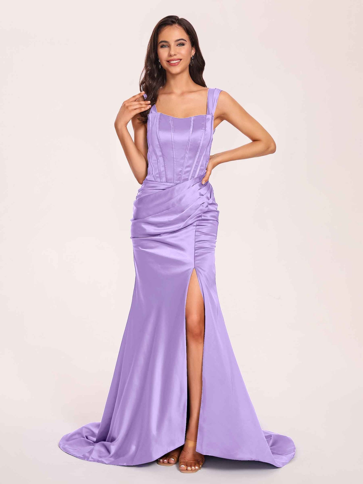 Sexy Satin Square Mermaid Prom Dresses Pleats Side-Slit Floor-Length Sleeveless