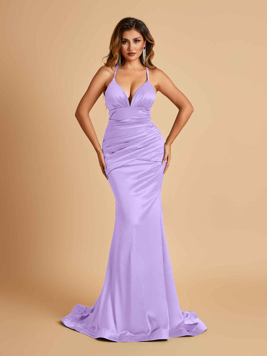 Satin Mermaid Open-back Bridesmaid Dresses Spaghetti Straps V-neck With Pleats Floor Length
