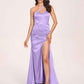 Sexy Satin One-shoulder Prom Dresses Side Slit Sheath Floor Length Long