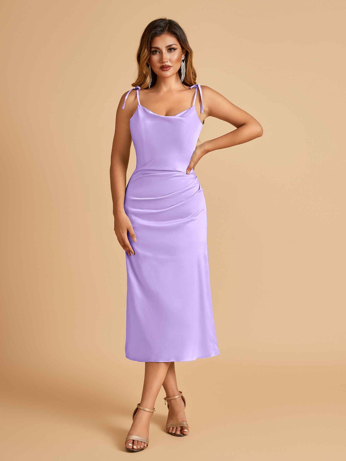 Sexy Satin Midi Bridesmaid Dresses Spaghetti Straps Slip Scoop Side Slit