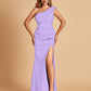 Satin One-shoulder Bridesmaid Dresses Mermaid Side Slit Sleeveless Floor Length