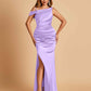 Unique Satin One Shoulder Prom Dresses Side Slit Half Open Back Floor Length