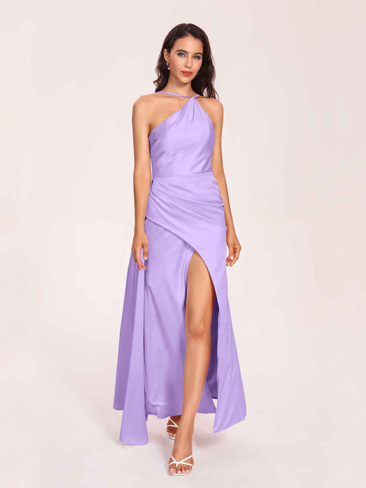 Sexy Satin Halter Strap Sheath Bridesmaid Dresses Side Slit Pleats Floor Length