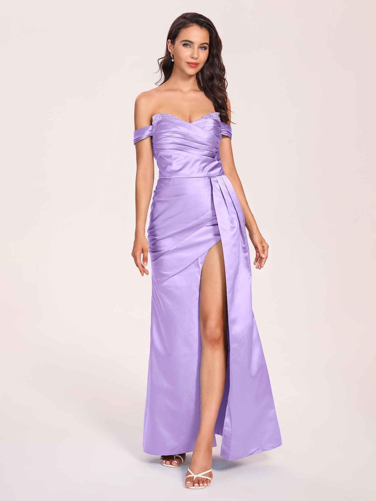 Elegant Satin Off Shoulder Bridesmaid Dresses Side-slit Sweetheart Floor Length Sheath