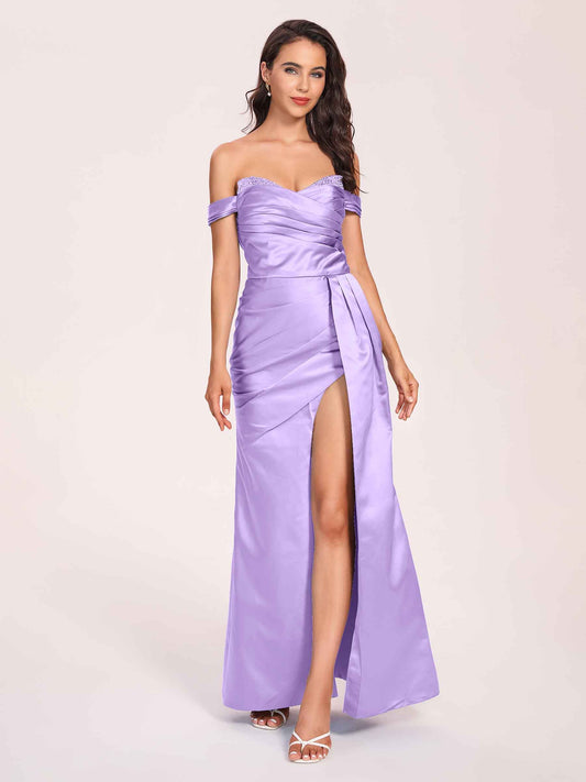 Elegant Satin Off Shoulder Bridesmaid Dresses Side-slit Sweetheart Floor Length Sheath