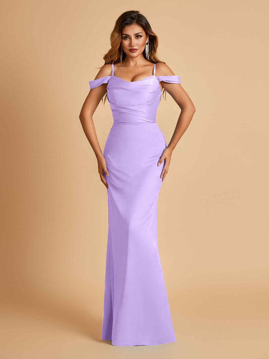 Sexy Off Shoulder Mermaid Long Bridesmaid Dresses Satin Spaghetti Straps Floor Length
