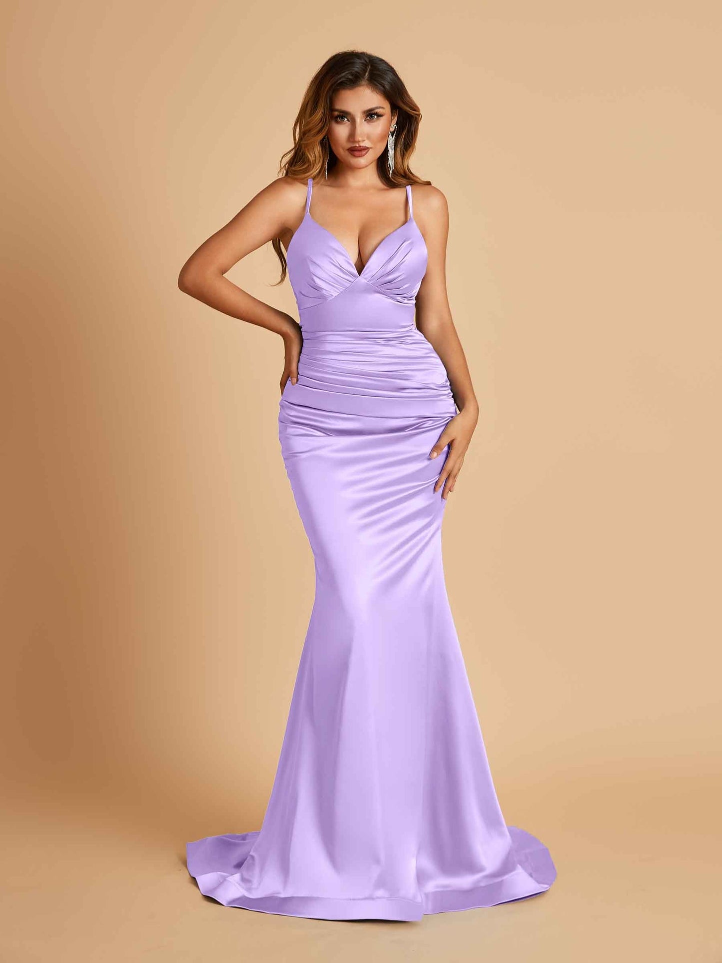 Satin Mermaid V-neck Prom Dresses Spaghetti Straps Floor Length