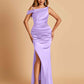 Unique Satin One Shoulder Bridesmaid Dresses Side Slit Half Open Back Floor Length