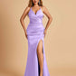 Sexy Satin Mermaid Long Prom Dresses Spaghetti Straps Sweetheart Side Slit Criss-cross Back
