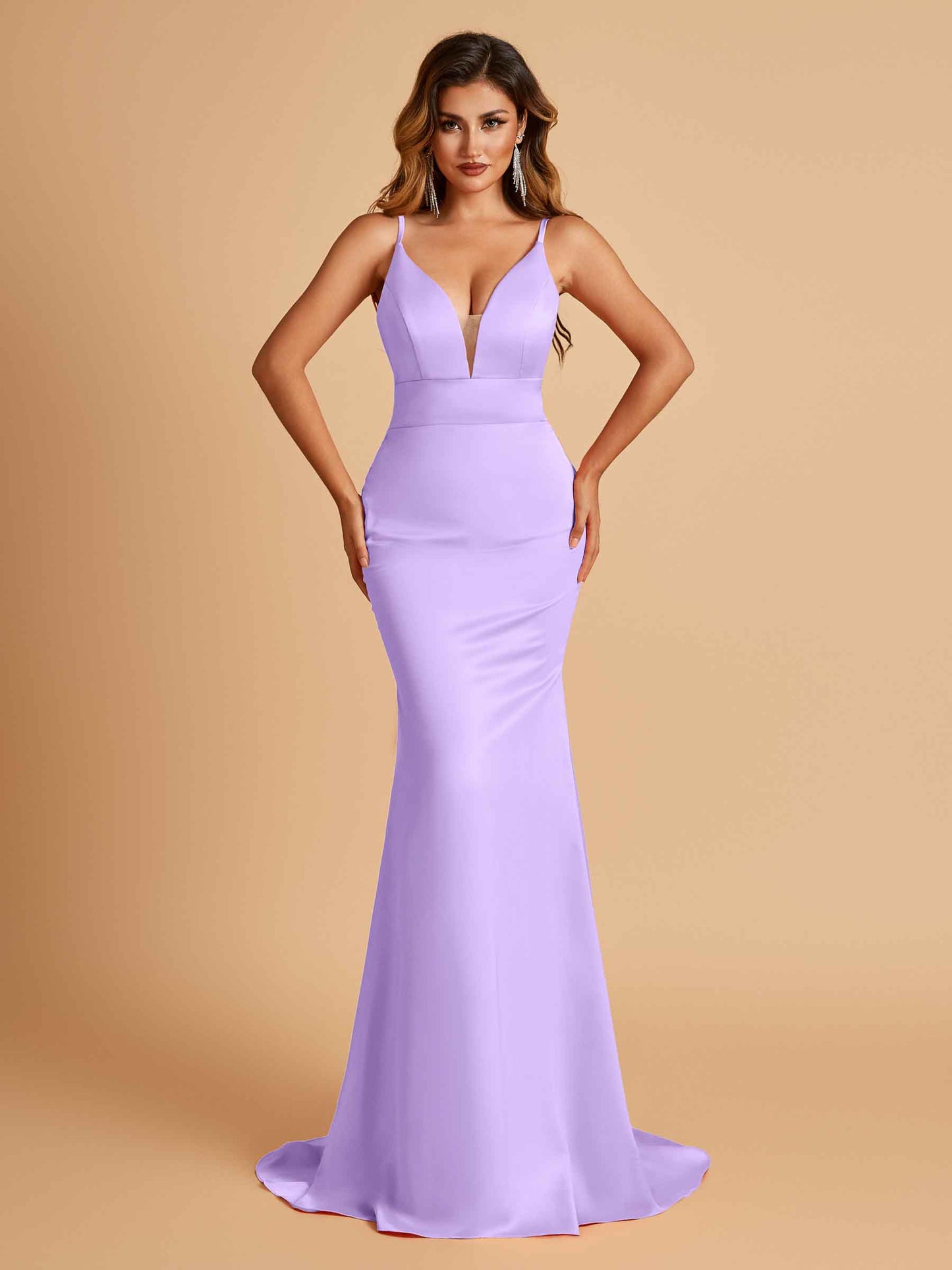 Satin Deep V-neck Mermaid Bridesmaid Dresses Open Back Floor Length