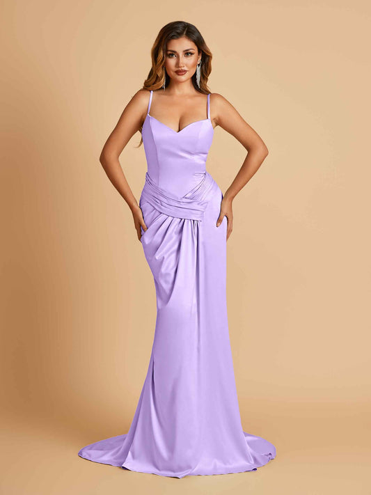 Satin Mermaid Sweetheart Bridesmaid Dresses Spaghetti Straps With Pleats Floor Length