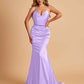 Sexy Satin Mermaid Prom Dresses Spaghetti Straps V-neck Pleats Floor Length