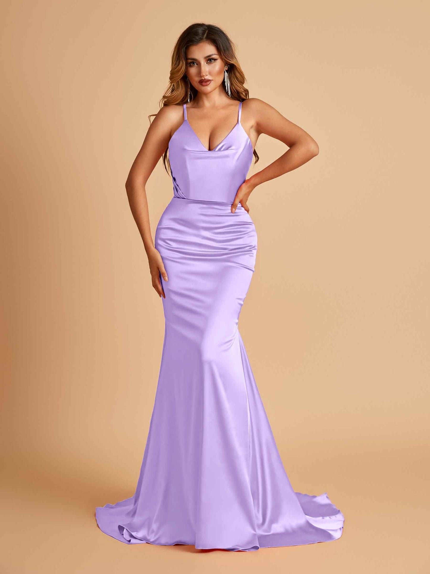 Sexy Satin Mermaid Prom Dresses Spaghetti Straps V-neck Pleats Floor Length