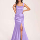 Sexy Satin Square Mermaid Bridesmaid Dresses Pleats Side-Slit Floor-Length Sleeveless