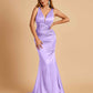 Sexy Satin Criss-cross Back Prom Dresses Mermaid Deep V-neck Back Pleats Floor Length