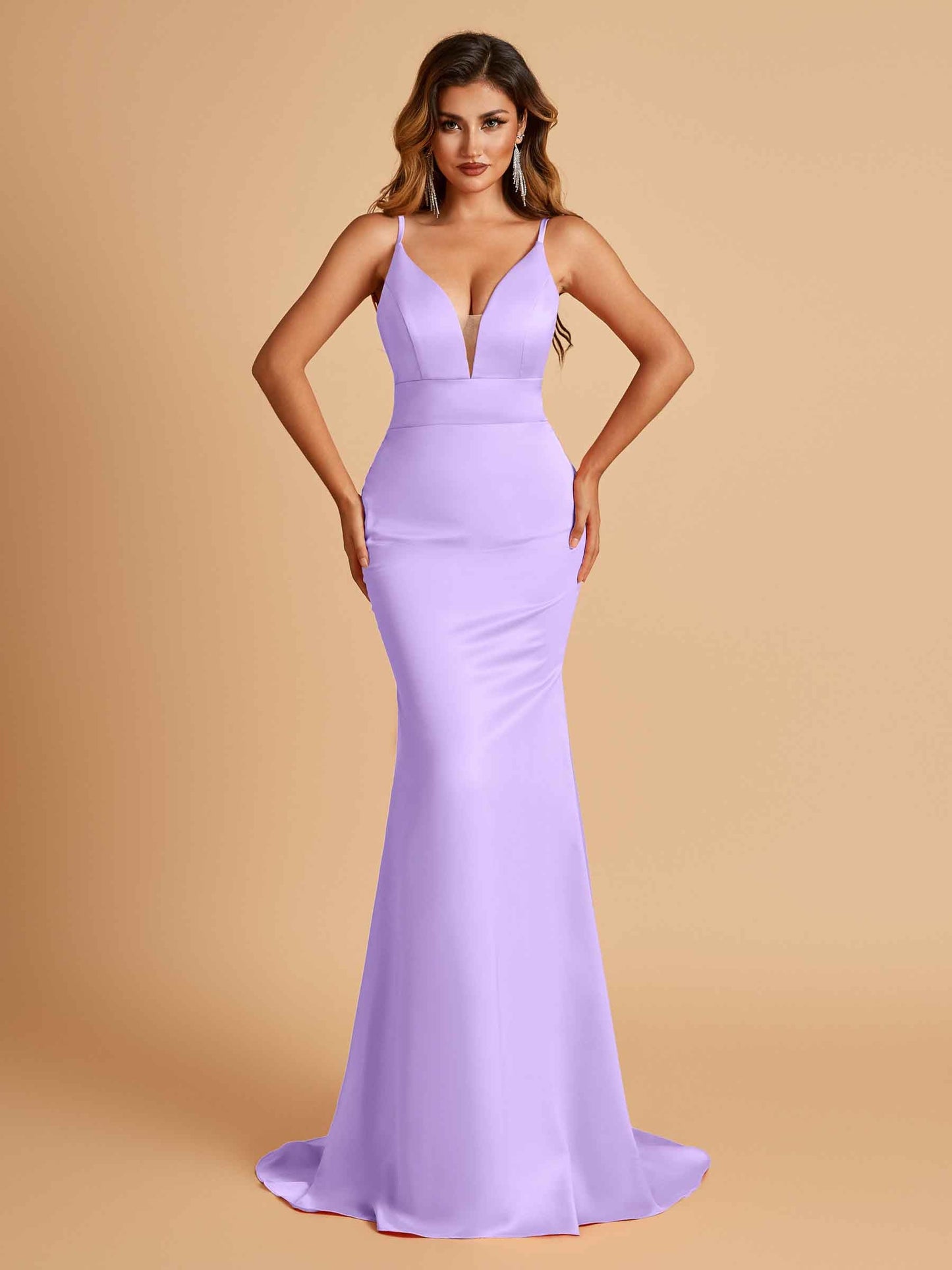 Satin Deep V-neck Mermaid Prom Dresses Open Back Floor Length