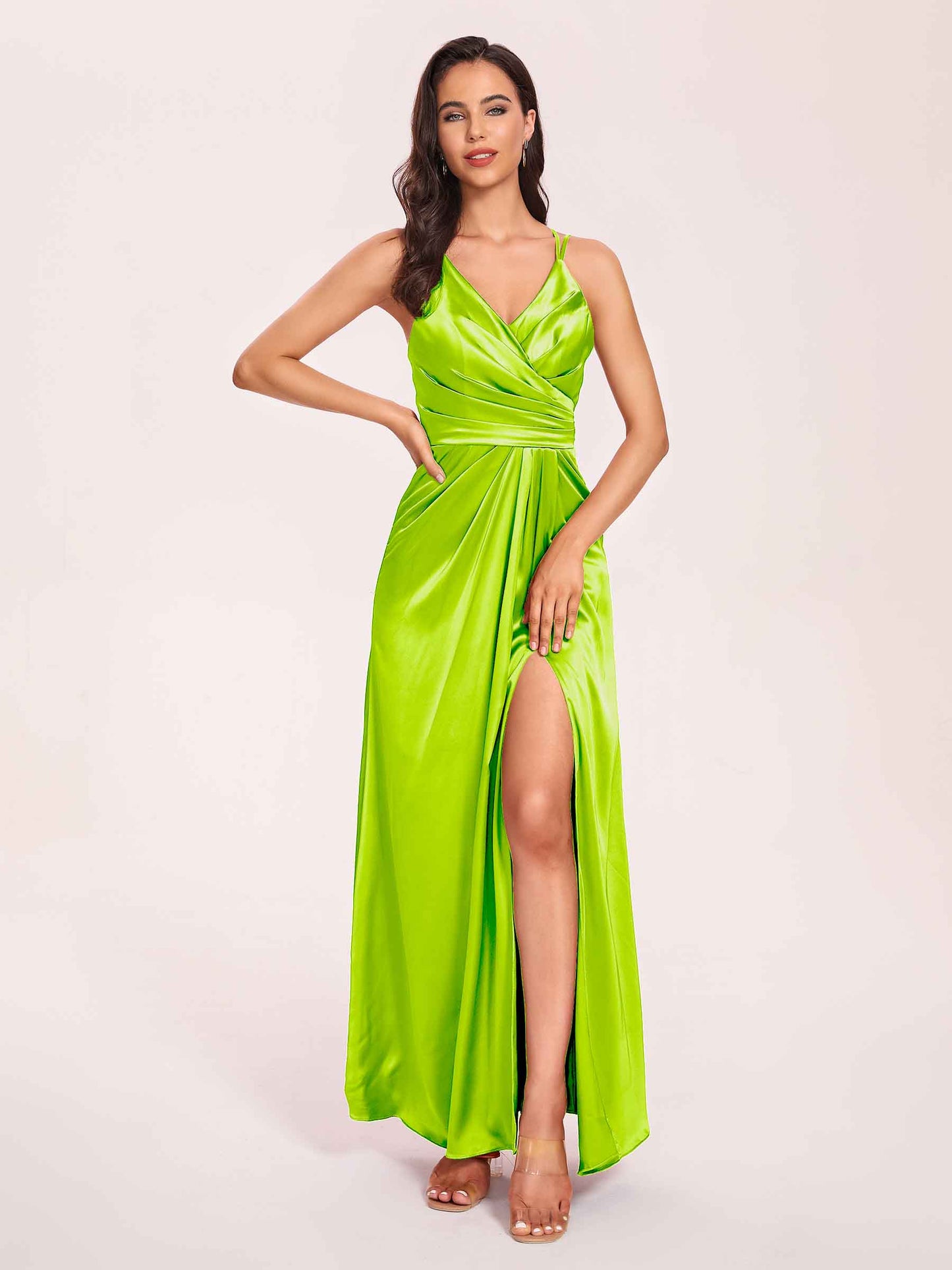 Sexy Satin A-line Bridesmaid Dresses Spaghetti Straps Side Slit V-neck Floor Length