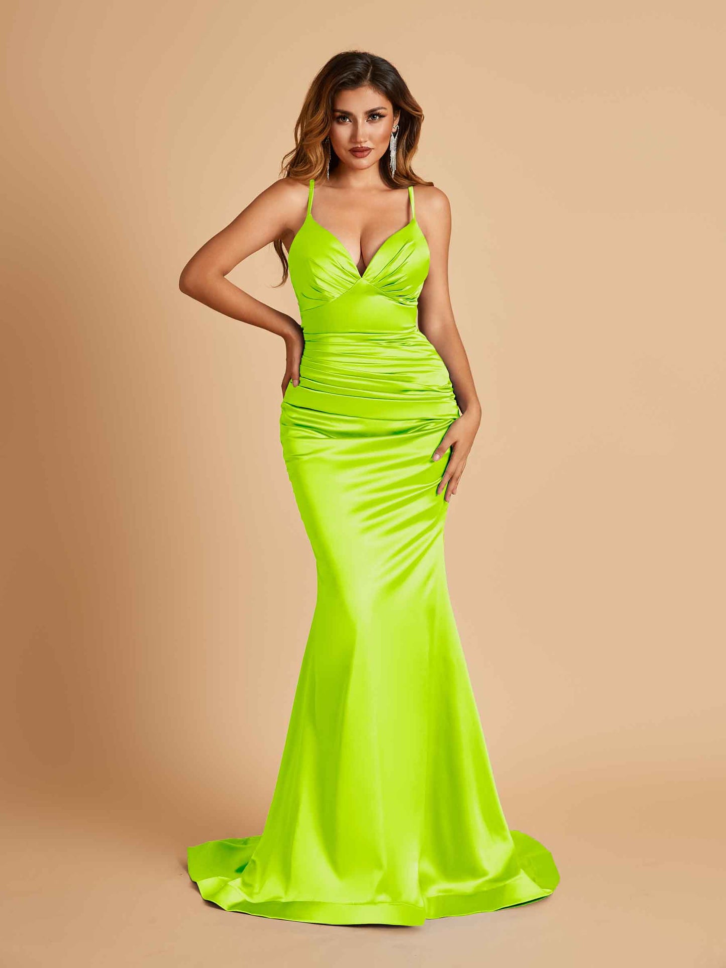 Satin Mermaid V-neck Bridesmaid Dresses Spaghetti Straps Floor Length