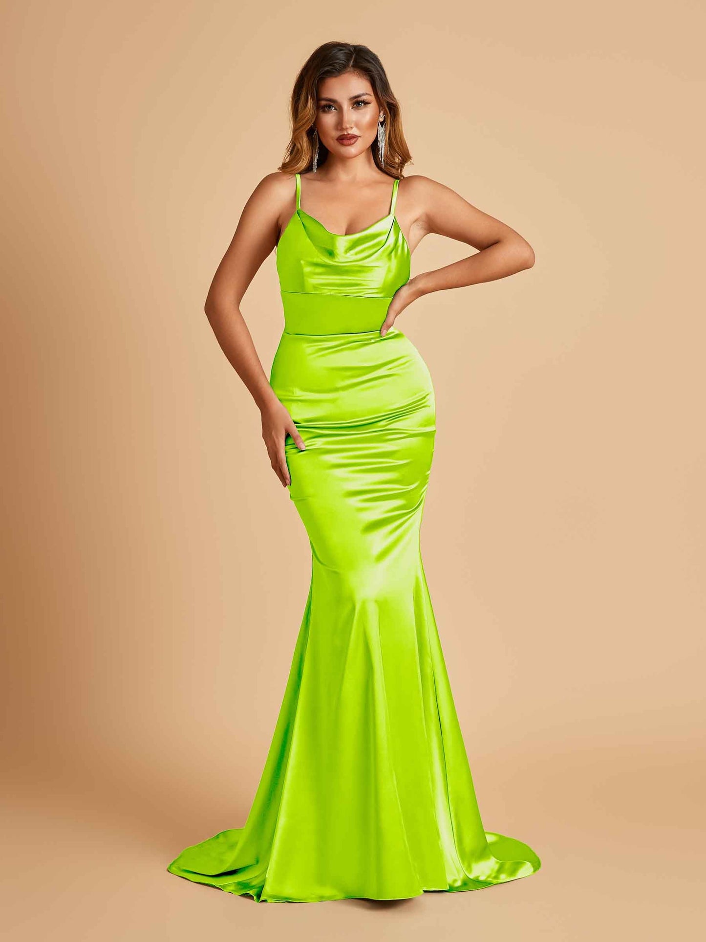 Satin Mermaid Open Back Prom Dresses Spaghetti Straps Scoop Floor Length