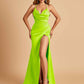 Sexy Satin Mermaid Prom Dresses Spaghetti Straps Sweetheart Side Slit Criss-cross Back