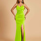 Sexy Satin Mermaid Bridesmaid Dresses Spaghetti Straps V-neck Side Slit Floor Length