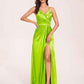 Sexy Satin A-line Prom Dresses Spaghetti Straps Side Slit V-neck Floor Length