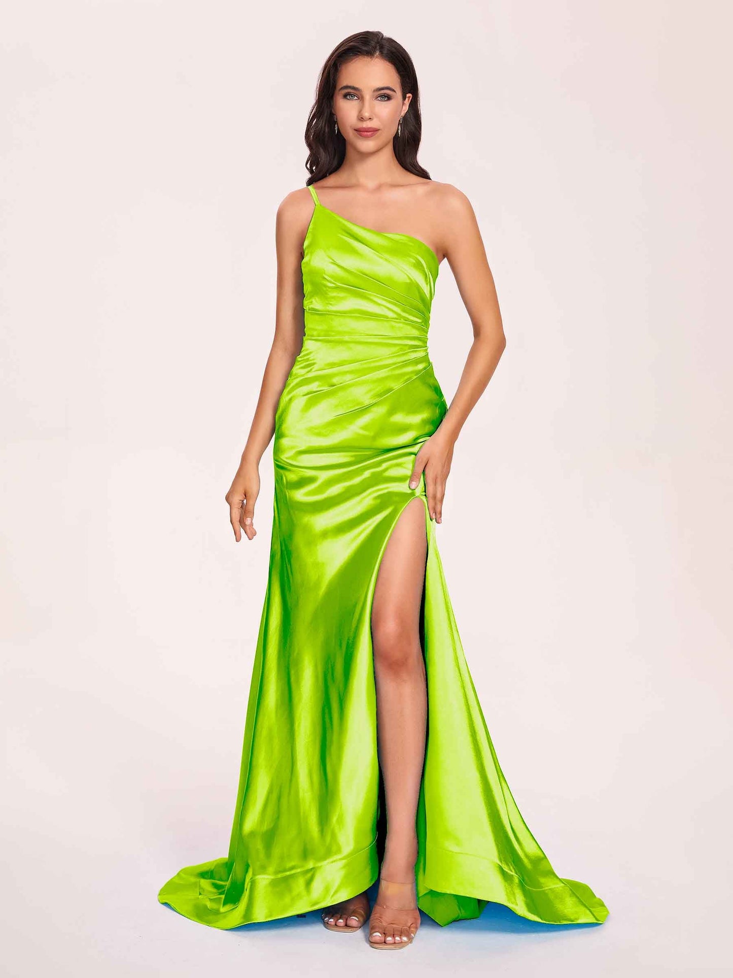 Satin One-shoulder Mermaid Prom Dresses Side Slit Pleats Floor Length