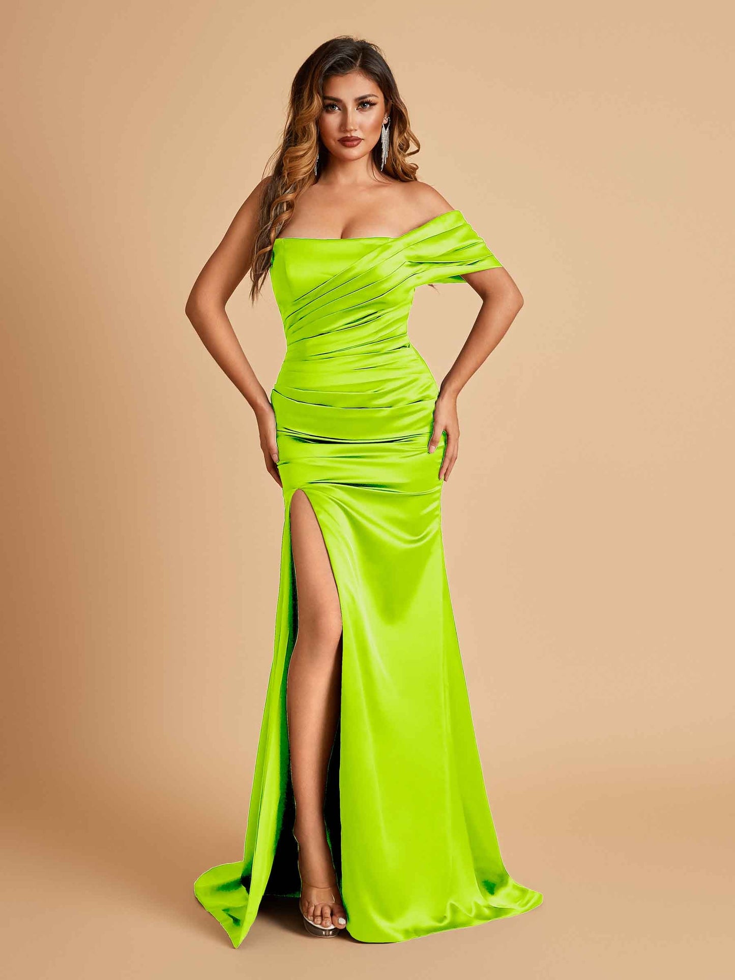 Satin One-shoulder Long Prom Dresses Side Slit With Pleats Mermaid