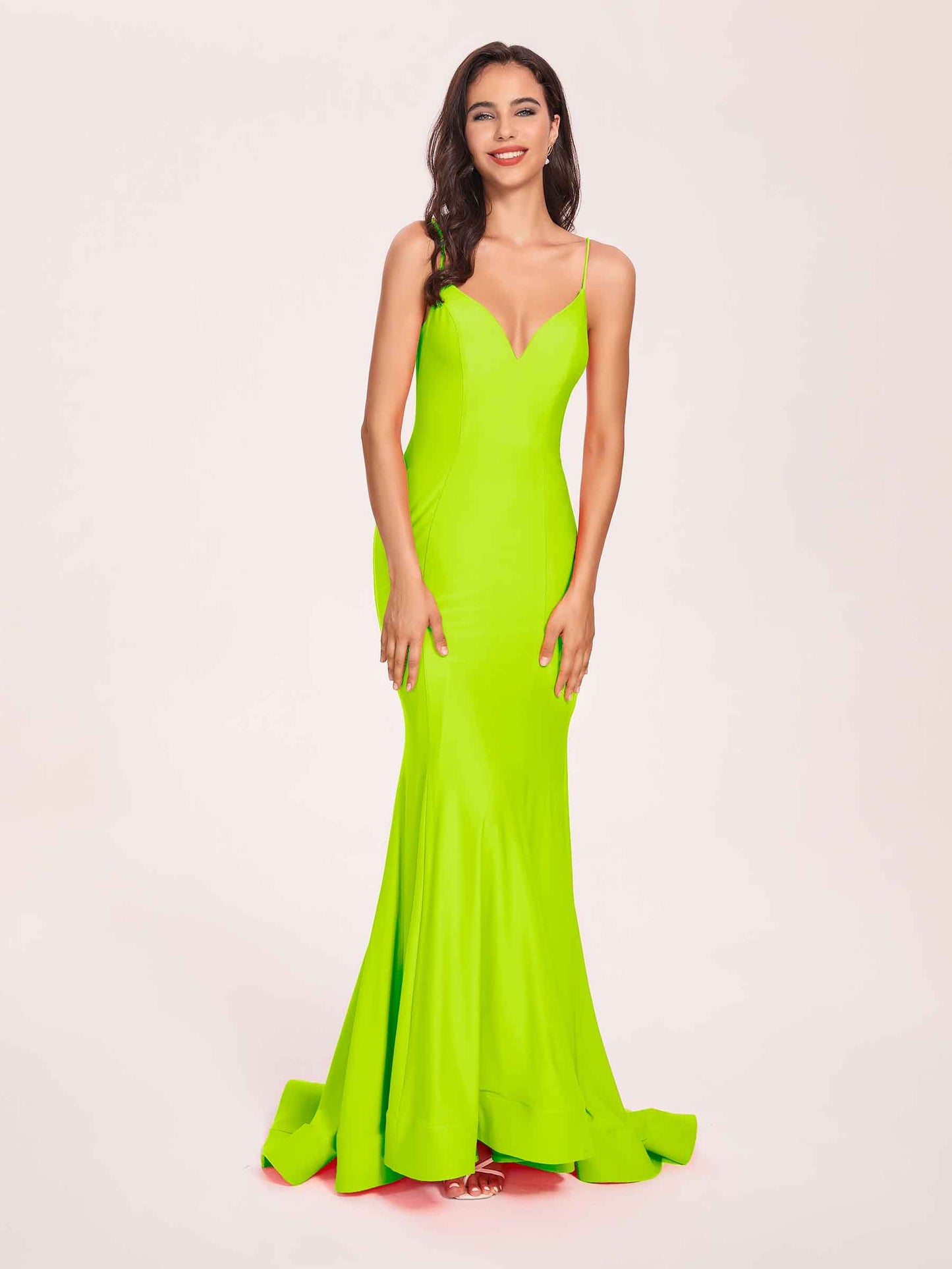 Sexy Satin Mermaid Prom Dresses Spaghetti Straps V-neck Floor Length Lace-up Back
