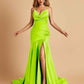 Sexy Satin Mermaid Open Back Prom Dresses Spaghetti Straps V-neck Side Slit