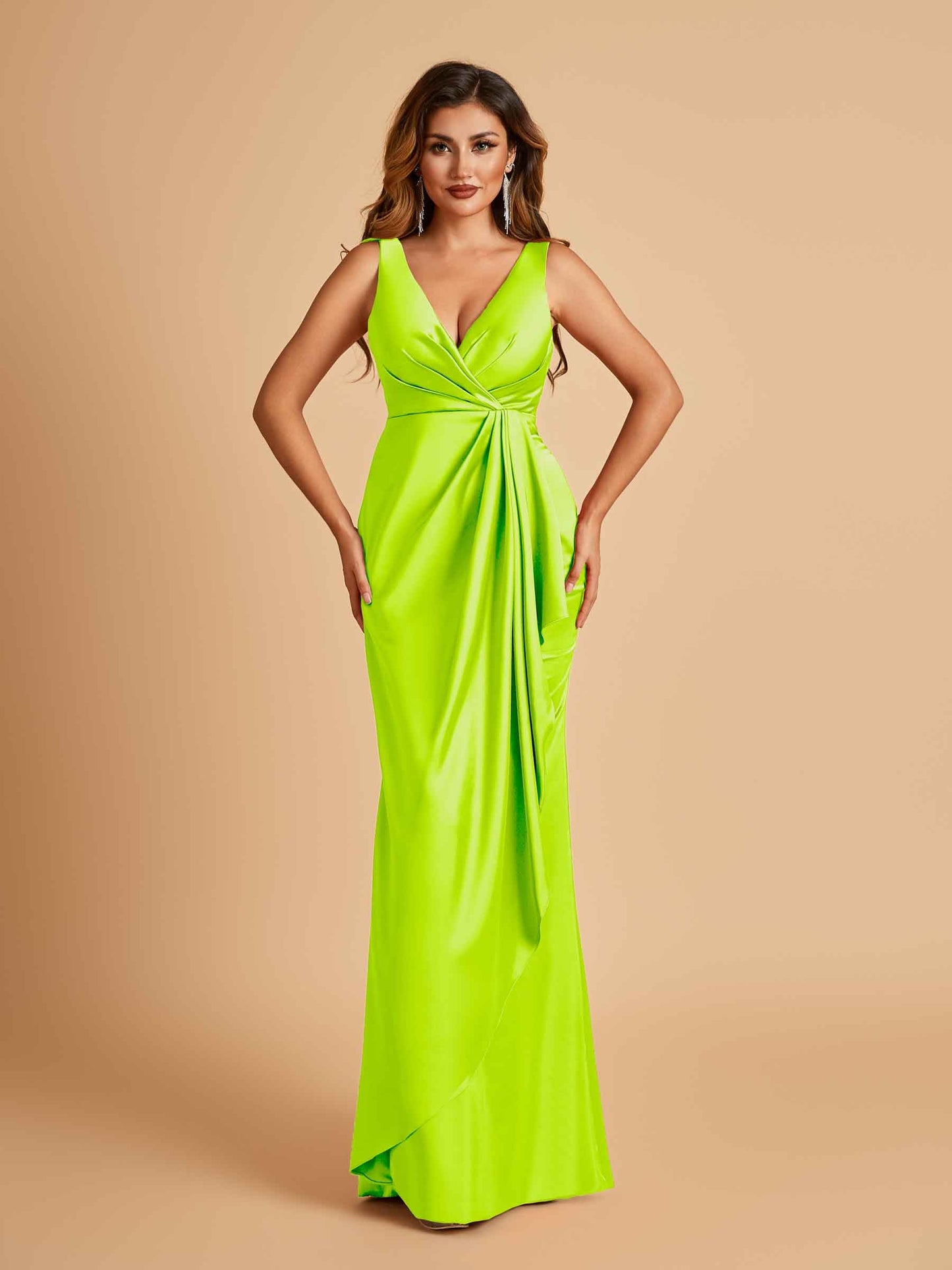Sexy Satin Sheath V-neck Prom Dresses Strapless Floor Length