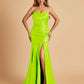 Sexy Satin Mermaid Prom Dresses Spaghetti Straps Scoop Side Slit Criss-cross Back
