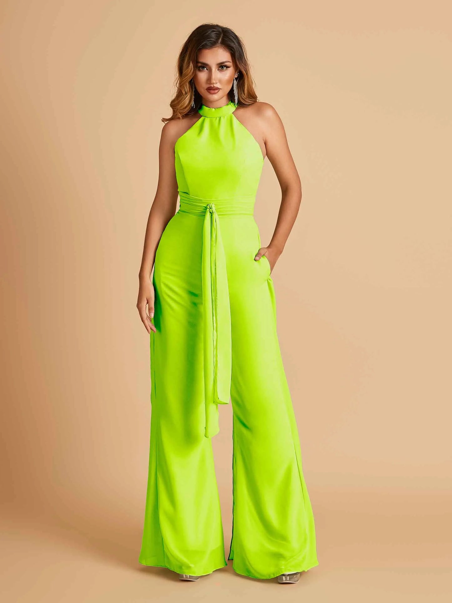 Chiffon Bridesmaid Jumpsuit Jewel Neck Sleeveless Floor Length With Pockets For Sale