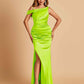 Unique Satin One Shoulder Prom Dresses Side Slit Half Open Back Floor Length