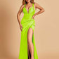 Sexy Sweetheart Sheath Prom Dresses Spaghetti Straps Satin Side Slit Pleats Floor Length