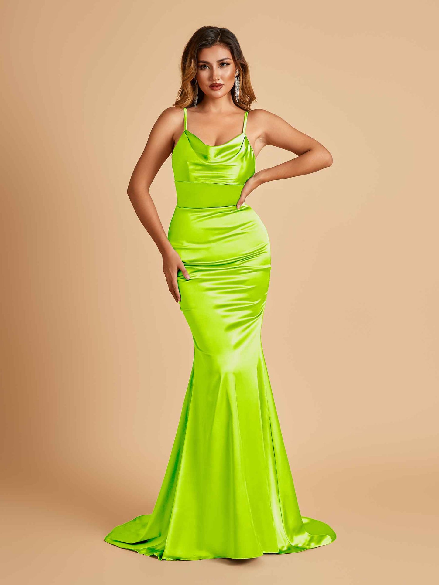 Satin Mermaid Open Back Bridesmaid Dresses Spaghetti Straps Scoop Floor Length