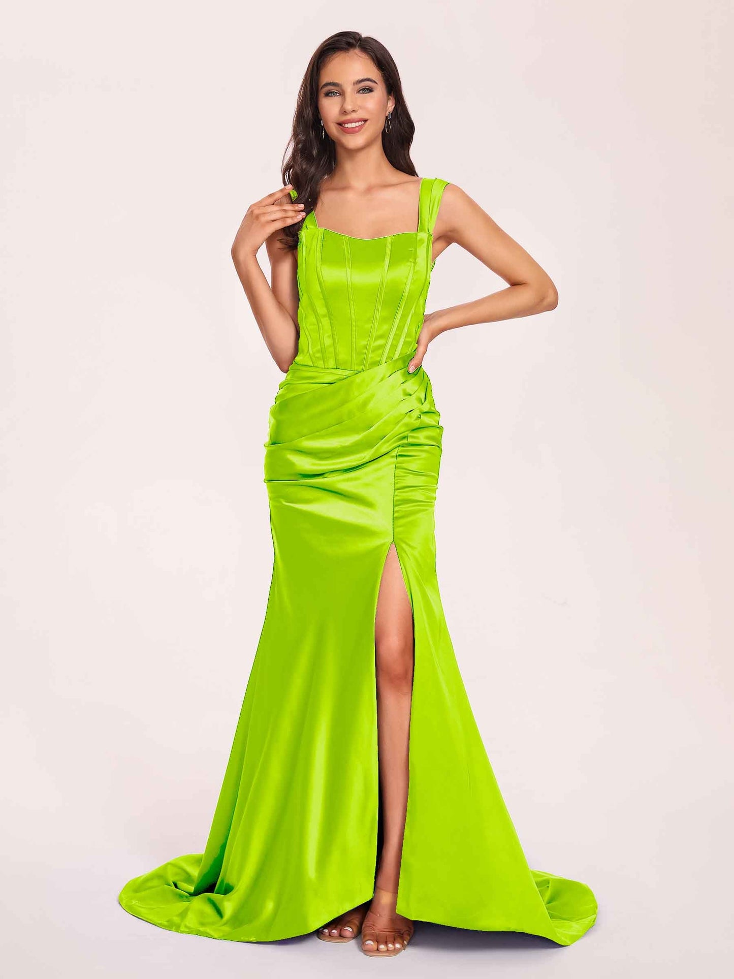 Sexy Satin Square Mermaid Prom Dresses Pleats Side-Slit Floor-Length Sleeveless