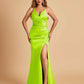Sexy Satin Mermaid Long Prom Dresses Spaghetti Straps Sweetheart Side Slit Criss-cross Back