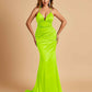 Satin Mermaid Open-back Prom Dresses Spaghetti Straps V-neck With Pleats Floor Length
