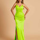 Satin Mermaid Long Bridesmaid Dresses Spaghetti Straps V-neck Side Slit Floor Length