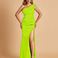 Satin One-shoulder Bridesmaid Dresses Mermaid Side Slit Sleeveless Floor Length