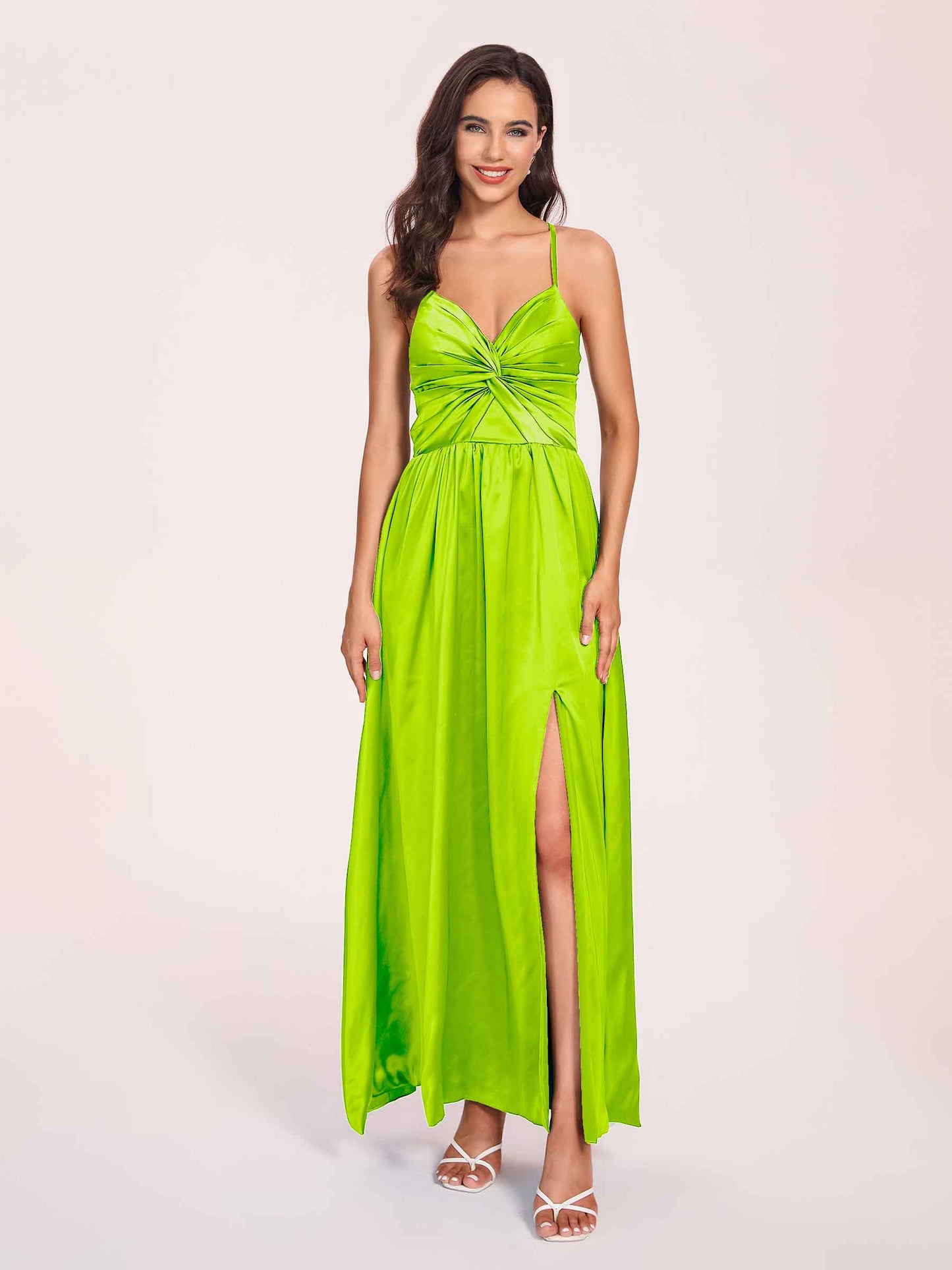 Satin Spaghetti Straps A-line Bridesmaid Dresses Side Slit Floor Length