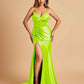 Satin Mermaid V-neck Bridesmaid Dresses Spaghetti Straps Side Slit Floor Length